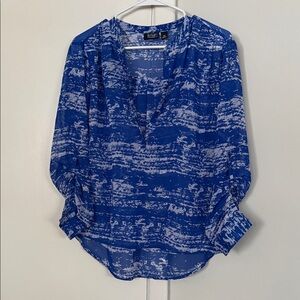 a.n.a Blue and White Patterned Blouse (Sheer)